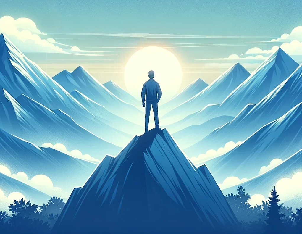 Grafika osoby patrzącej w przyszłość na szczycie góry